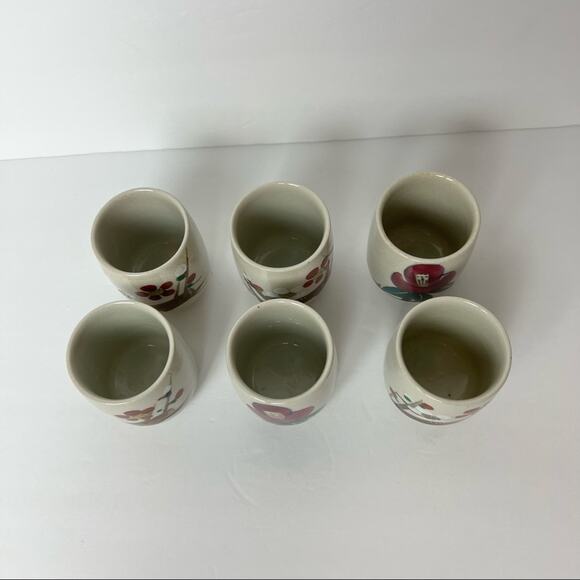 Hand Glazed Hand Painted Taupe Floral Sake Set of 6 - Picture 9 of 14